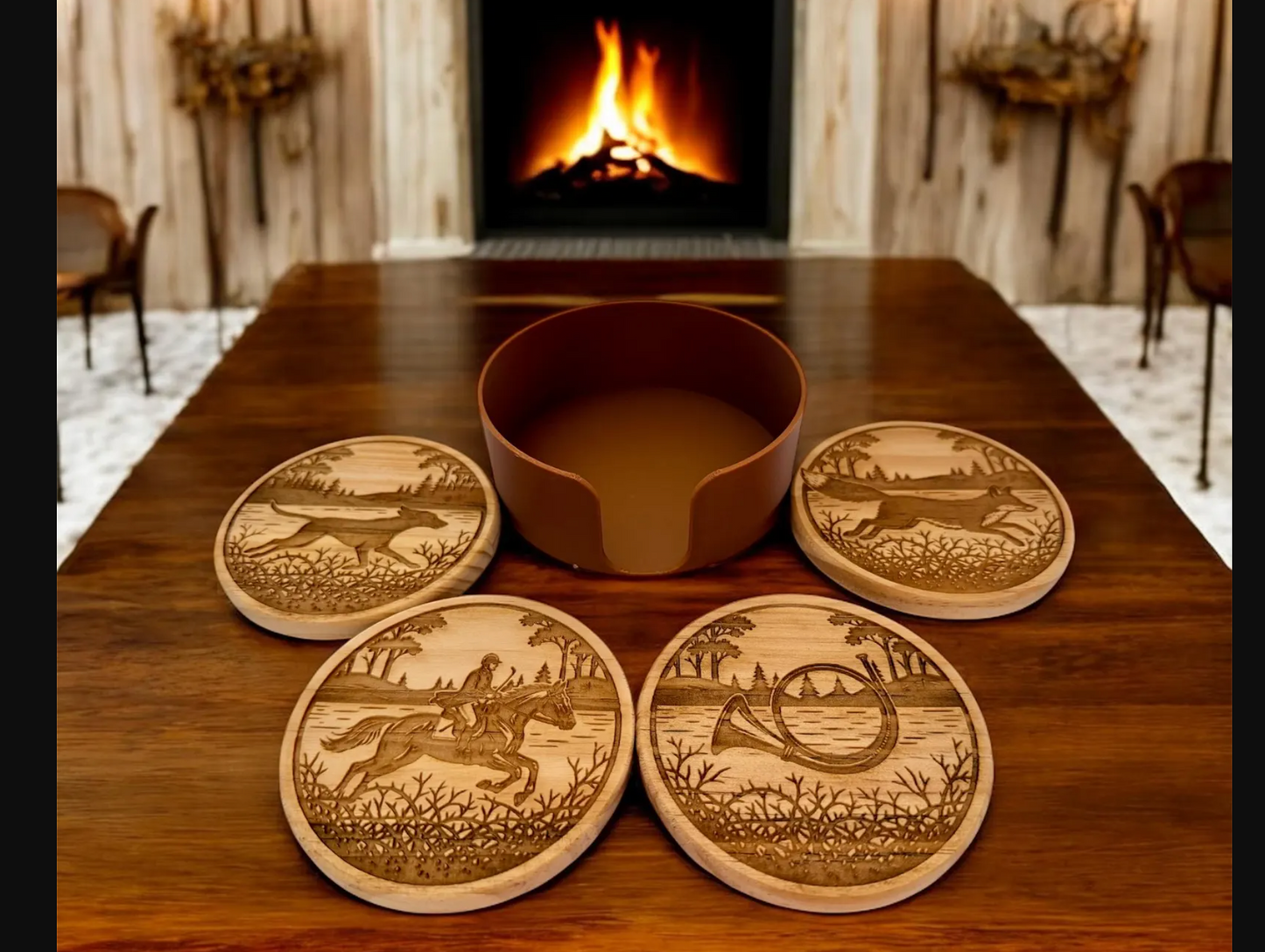 fox hunting 4 coaster set with holder. Fox hunter. hounds. equestrian gift