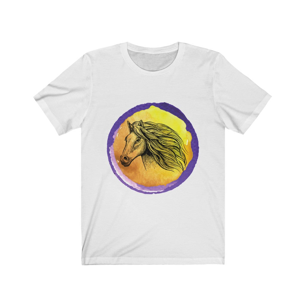 Purple Gold Horse Tshirt. Unisex Jersey Short Sleeve