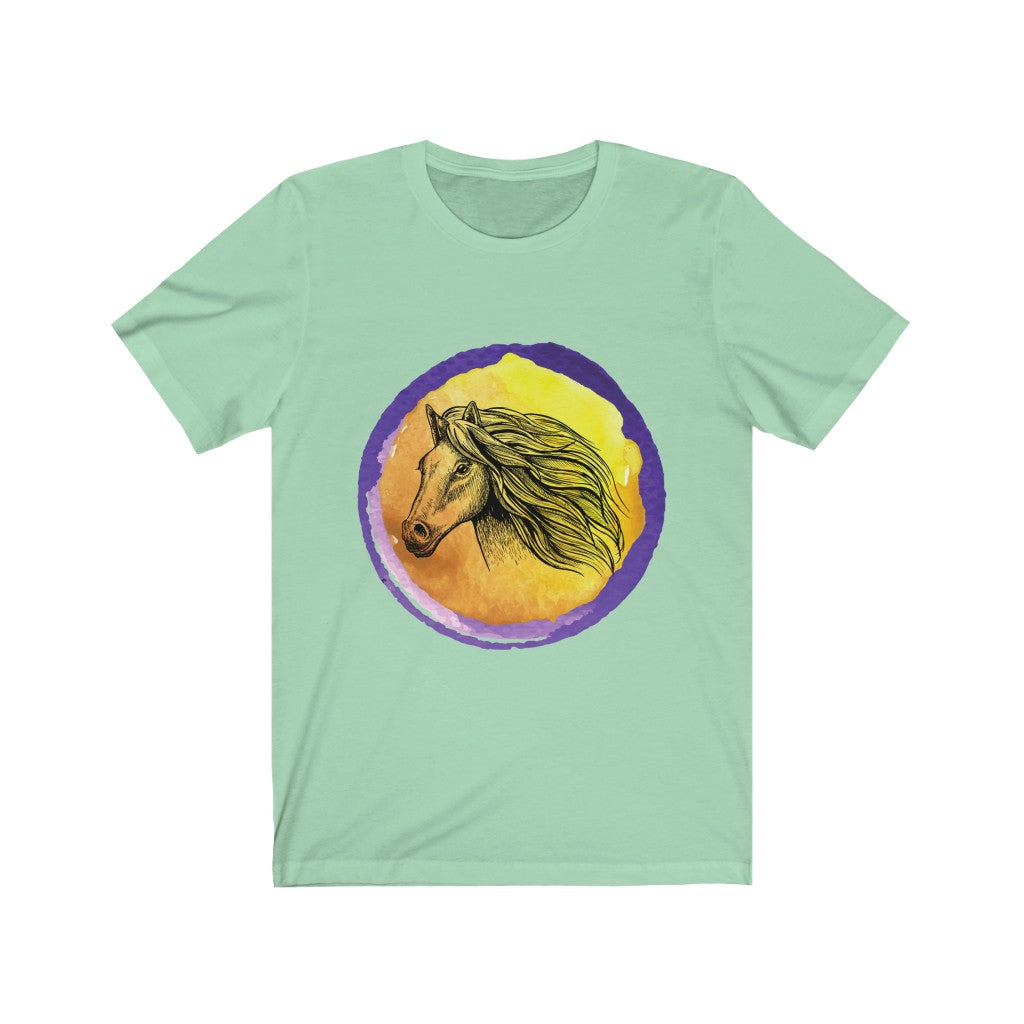 Purple Gold Horse Tshirt. Unisex Jersey Short Sleeve