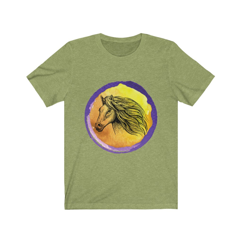 Purple Gold Horse Tshirt. Unisex Jersey Short Sleeve