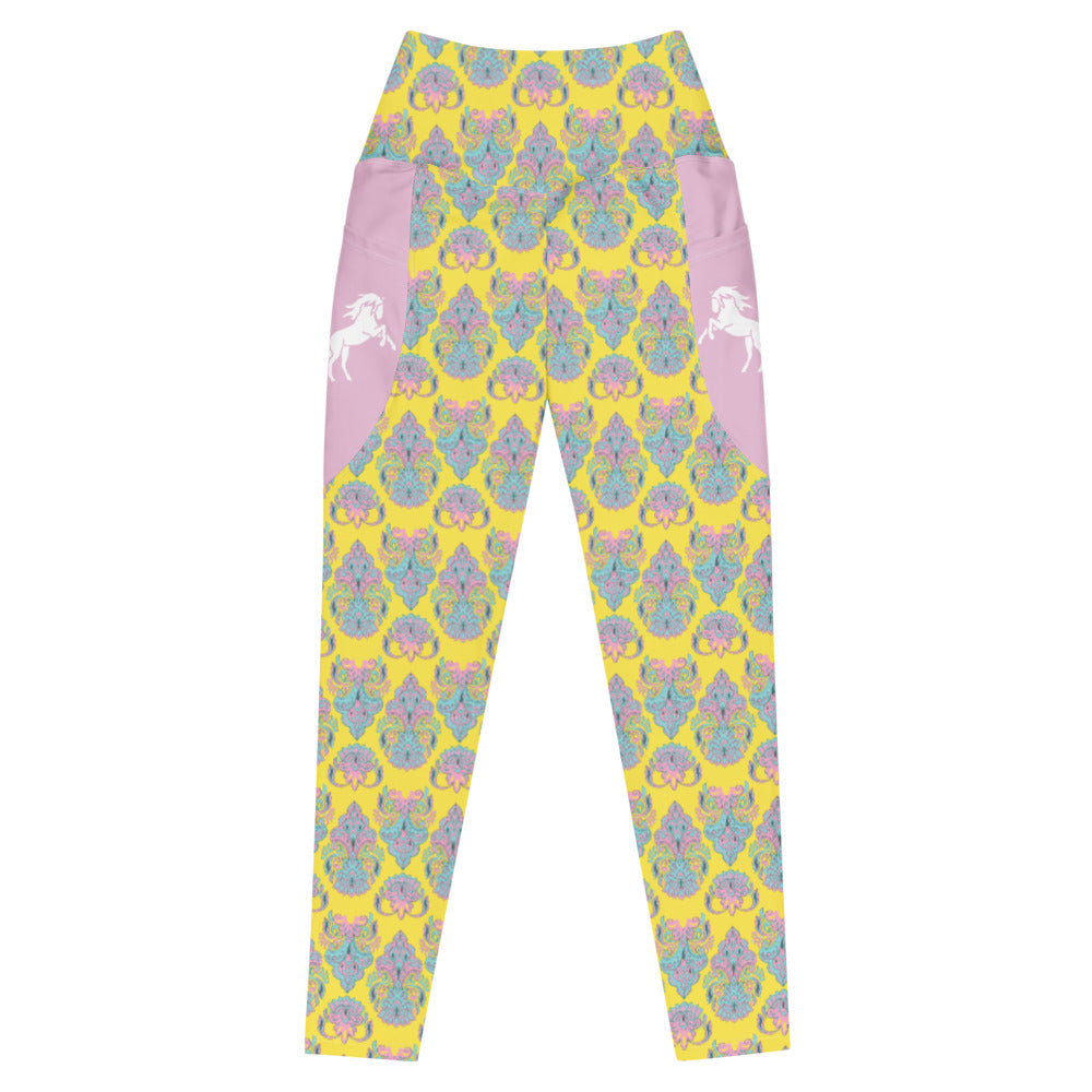 Yellow Pink Paisley Horse Tights with pockets