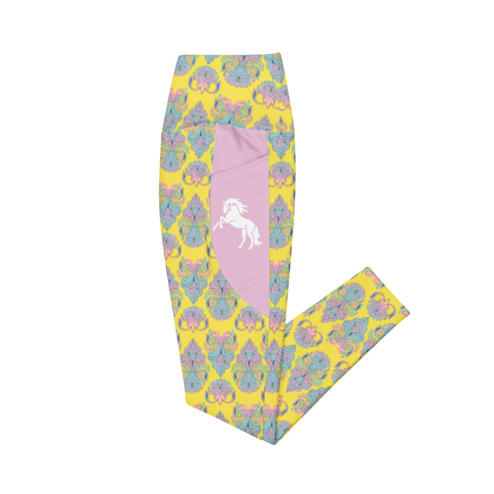 Yellow Pink Paisley Horse Tights with pockets
