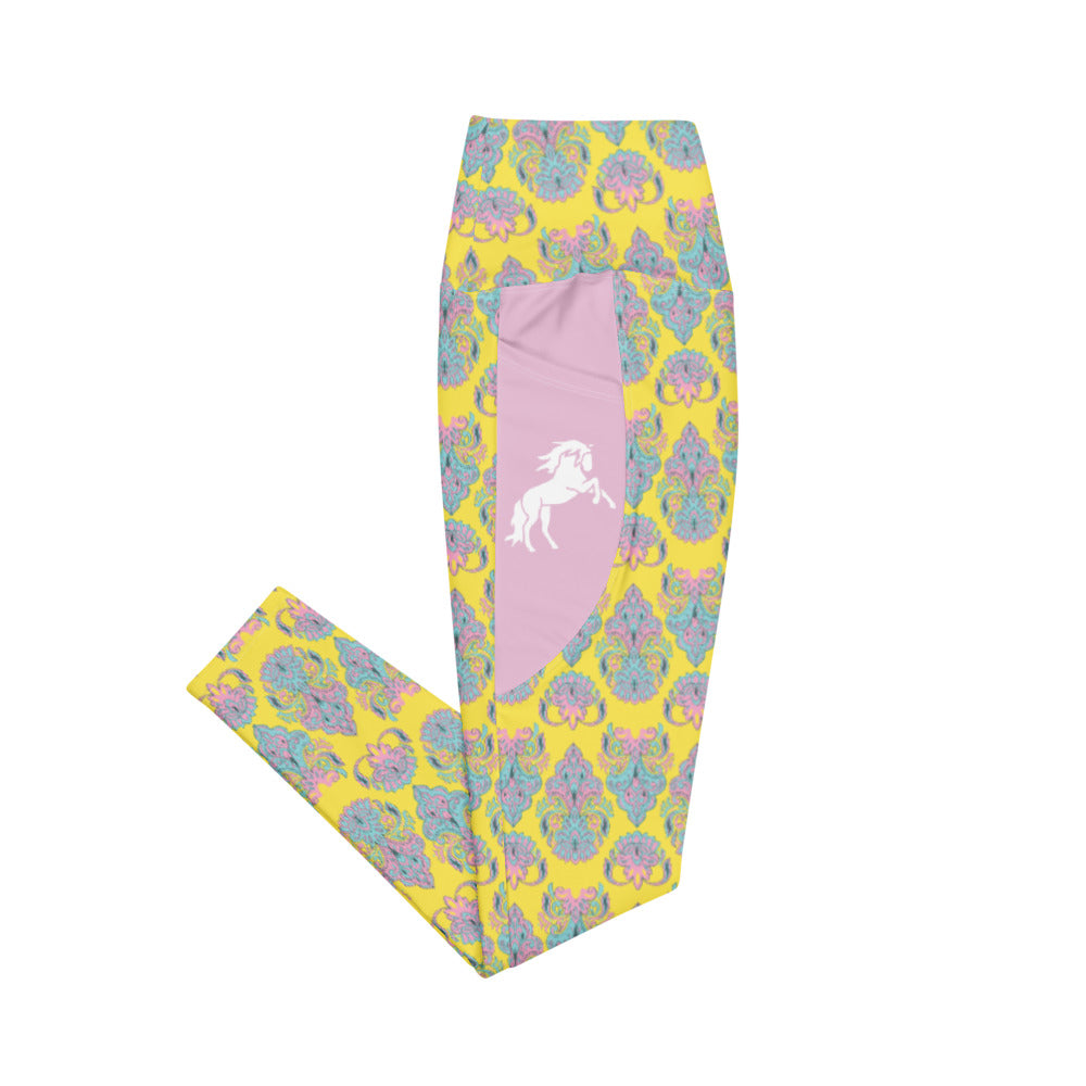 Yellow Pink Paisley Horse Tights with pockets