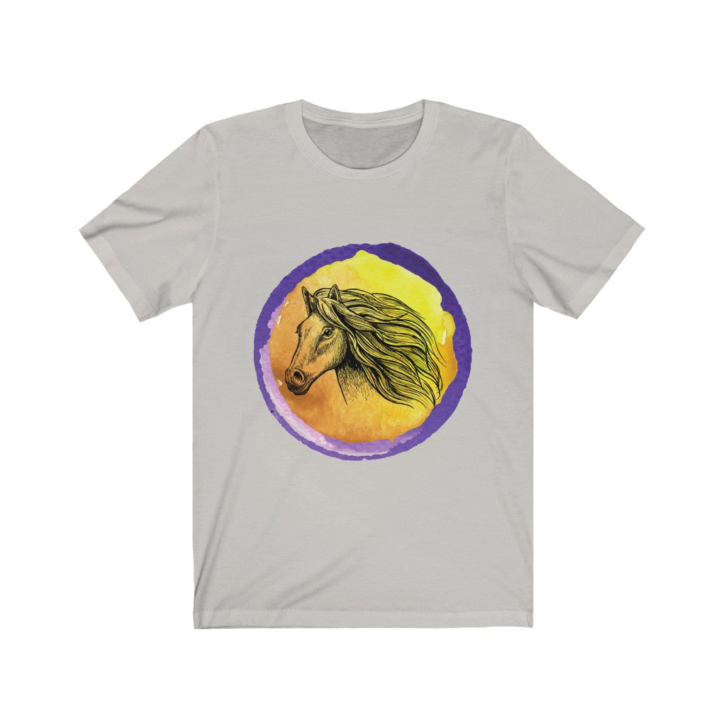 Purple Gold Horse Tshirt. Unisex Jersey Short Sleeve
