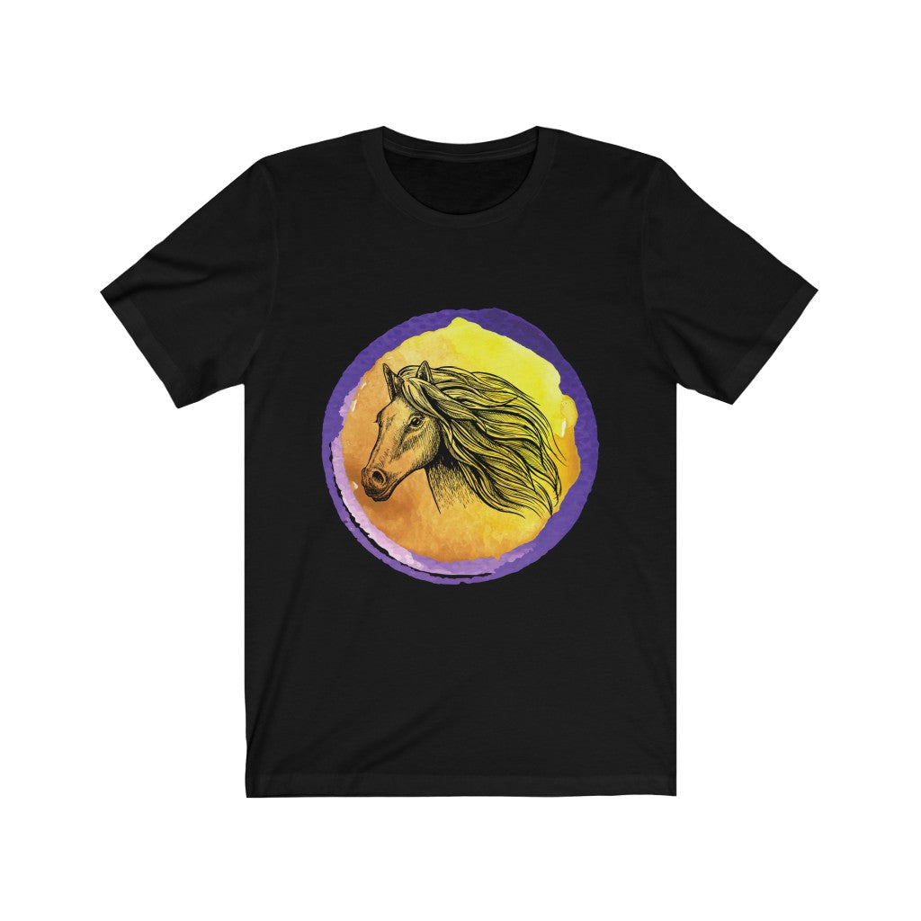 Purple Gold Horse Tshirt. Unisex Jersey Short Sleeve