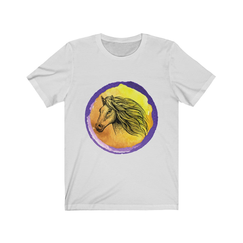 Purple Gold Horse Tshirt. Unisex Jersey Short Sleeve