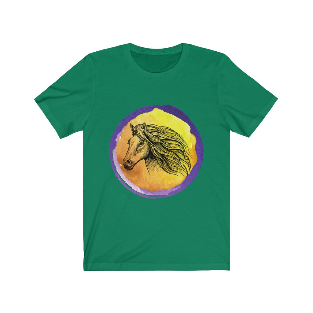 Purple Gold Horse Tshirt. Unisex Jersey Short Sleeve