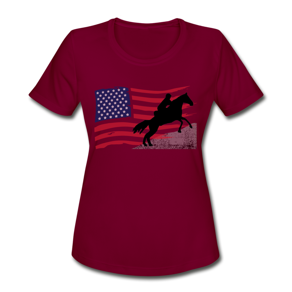 Endurance Rider American Flag Women's Moisture Wicking Performance T-Shirt - burgundy